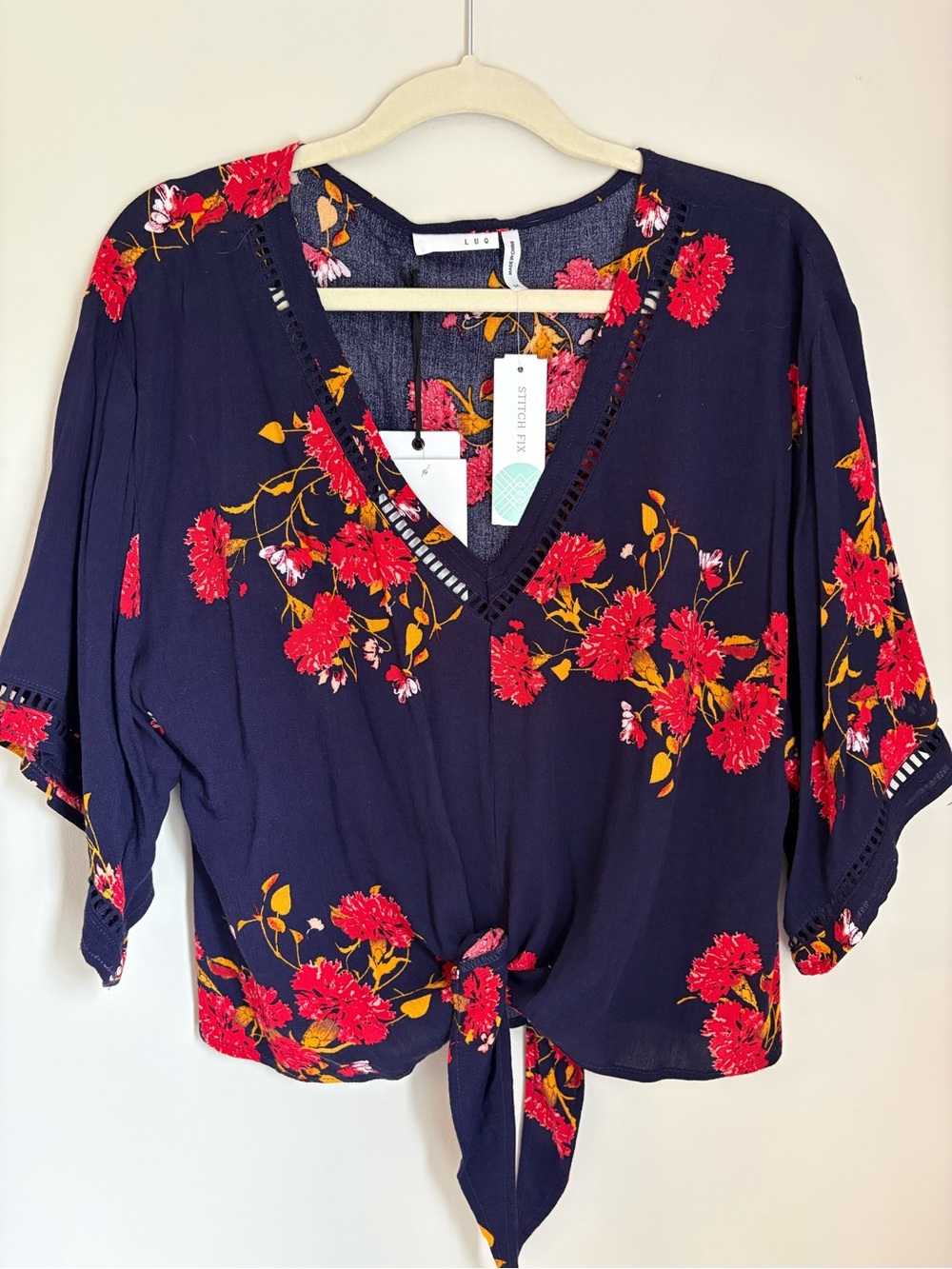 Stitch Fix Navy V-Neck Tie-Front Blouse with Red Floral Print
